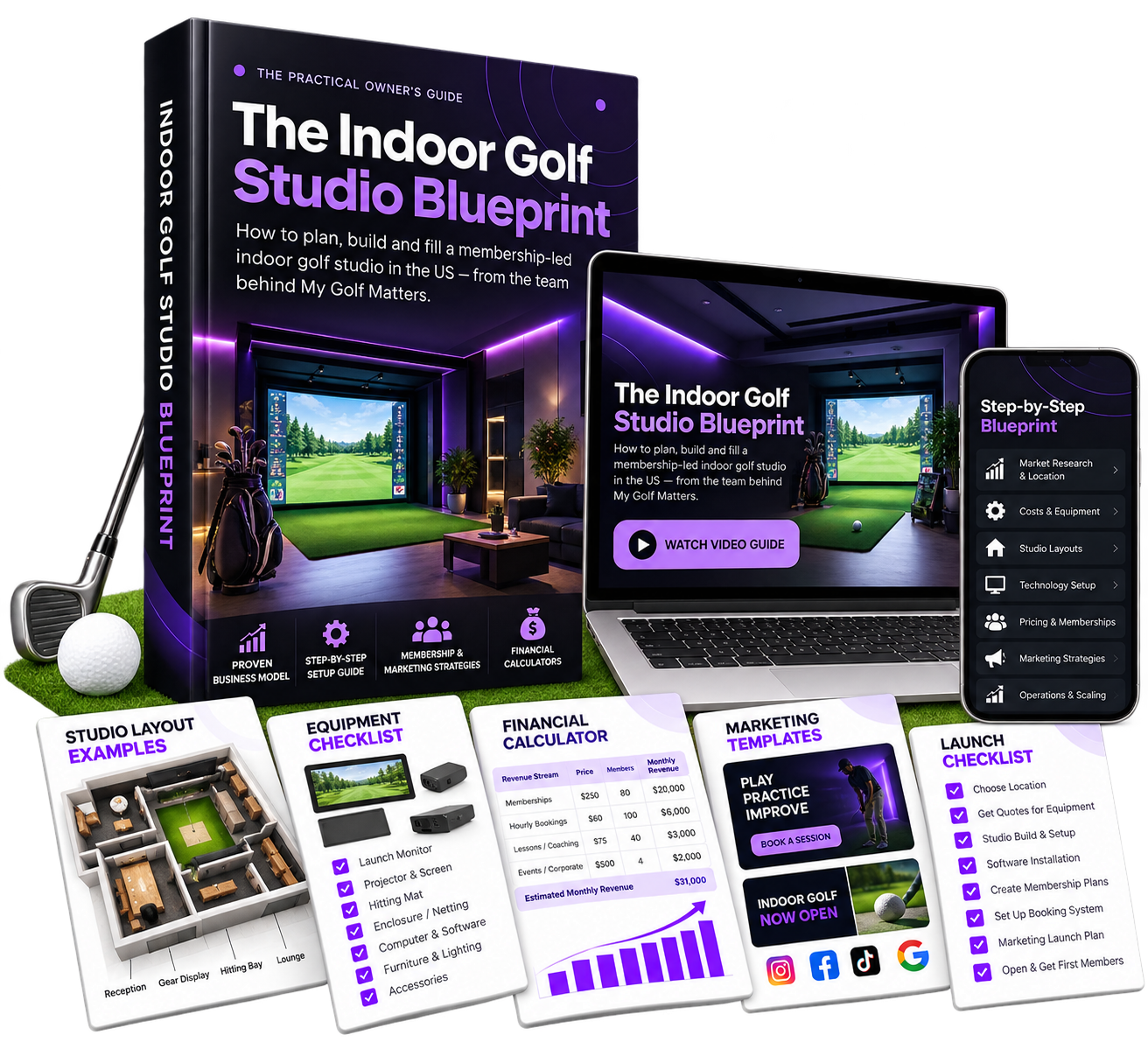 The Indoor Golf Studio Blueprint guide with book, laptop, phone, and planning worksheets